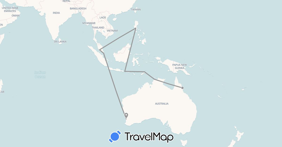 TravelMap itinerary: driving, plane in Australia, Indonesia, Malaysia, Philippines, Singapore, East Timor (Asia, Oceania)